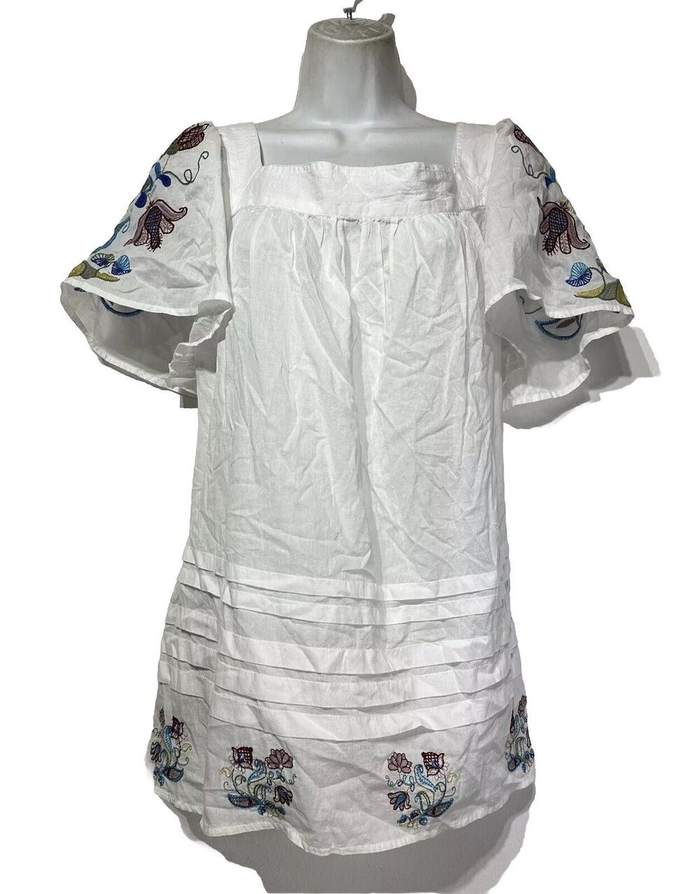 By anthropologie white floral embroidered square neck top Blouse Size S New